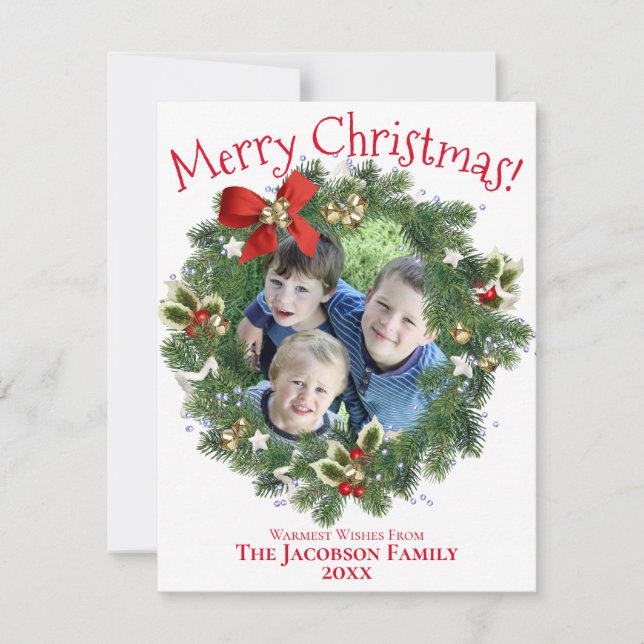 Cute Wreath Photo Frame Merry Christmas Flat Holiday Card (Front)