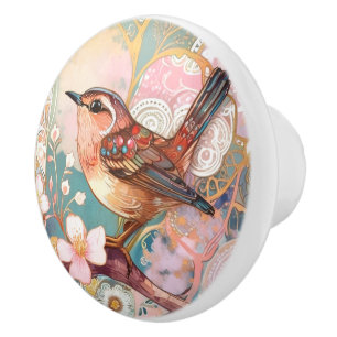 Cute Wren Bird Art Nouveau Deco Inspo Floral Ceramic Knob