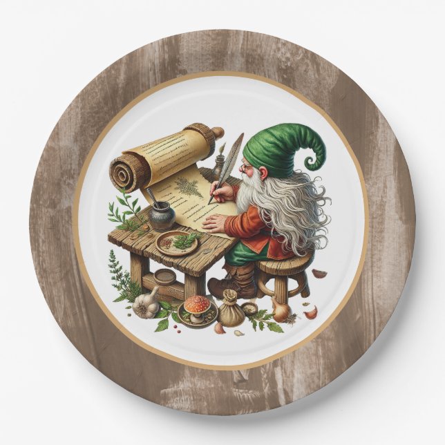 Cute writing gnome party paper plate (Front)