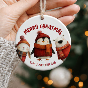 Cute Xmas Animals Merry Christmas Family Name  Ceramic Tree Decoration