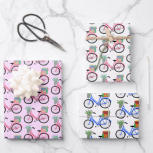 Cute Xmas Bicycles Holiday Pink Blue Gift  Wrapping Paper Sheet