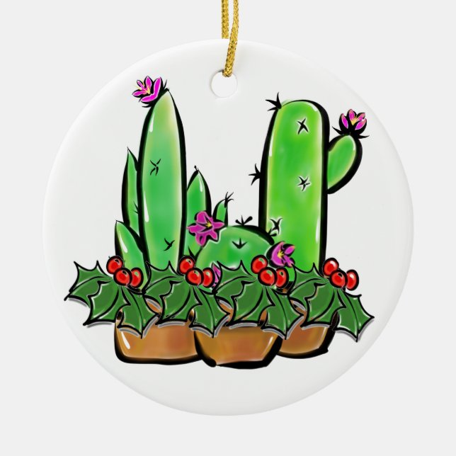 Cute Xmas Cactus Trio Illustration Ceramic Tree Decoration (Front)