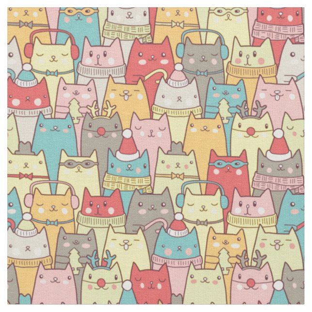 Cute Xmas Cats Fabric (Close Up)