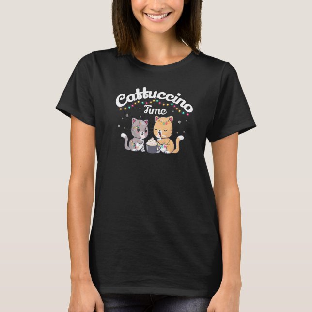 Cute Xmas Christmas Cats Drinking Cappuccino Wrapp T-Shirt (Front)