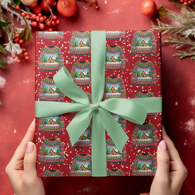 Cute Xmas Gingerbread House Ugly Christmas Sweater Wrapping Paper (Creator Uploaded)