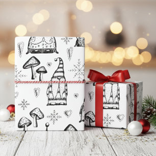 Cute Xmas Gnomes & Mushrooms Original Illustration Wrapping Paper
