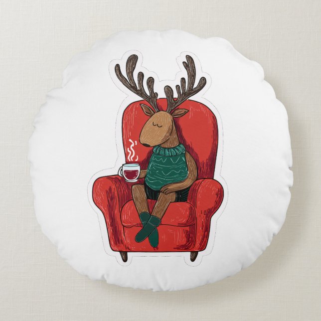 Cute Xmas Reindeer Relaxing Round Cushion (Front)