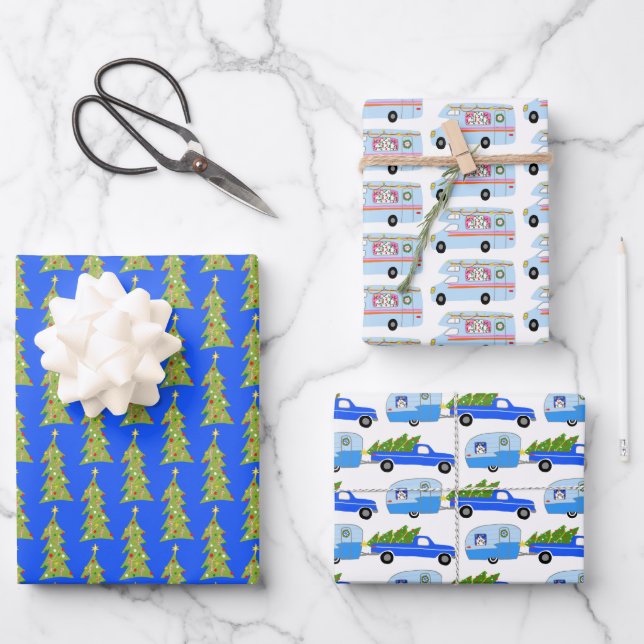 Cute Xmas RV Camper Trees Trailers Holiday Blue Wrapping Paper Sheet (Front)