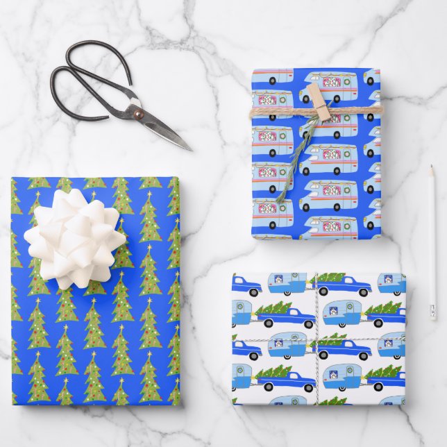 Cute Xmas RV Camper Trees Trailers Holiday Blue Wrapping Paper Sheet (Front)