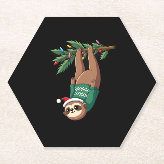 Cute Xmas Sloth Santa Hat Christmas Sloth - Tree L Paper Coaster (Front)