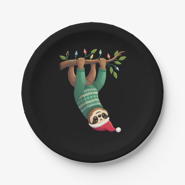 Cute Xmas Sloth Santa Hat Christmas Sloth - Tree L Paper Plate (Front)