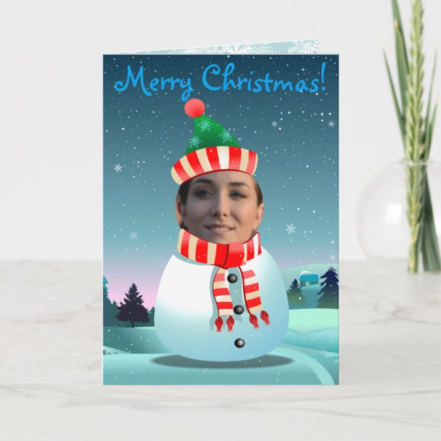 Cute Xmas Snowman With Your Own Photo Holiday Card (Front)