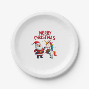 Cute Xmas Unicorn Santa on Unicorn Christmas T-Shi Paper Plate