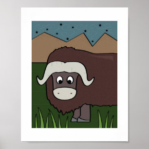 Cute Yak Illustration Mountain Animal Art Poster