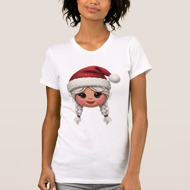 Cute Yarn Christmas Girl Face – Cozy Knit T-Shirt (Front)