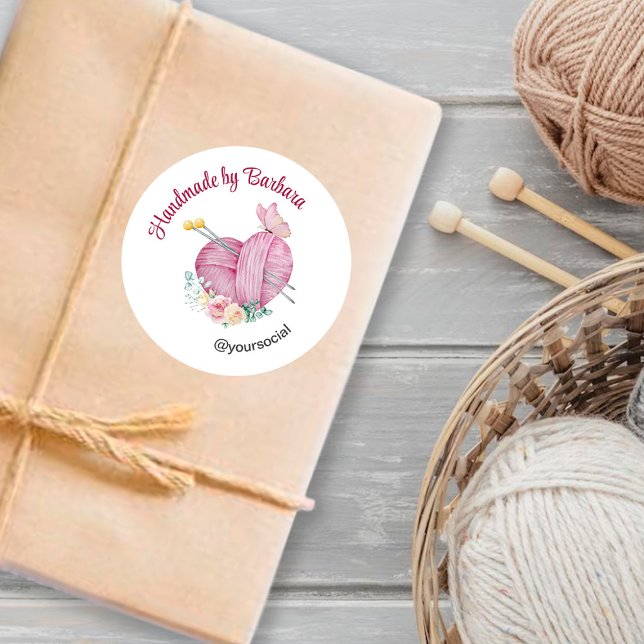 Cute Yarn Heart Knitting Needles Classic Round Sticker (Creator Uploaded)