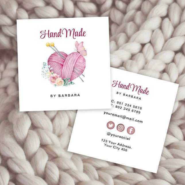 Cute Yarn Heart Knitting Needles Square Business Card (Creator Uploaded)