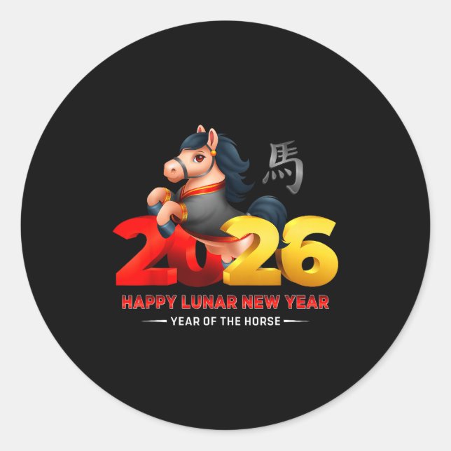 Cute Year Of The Horse -black Fun Happy Lunar New  Classic Round Sticker (Front)