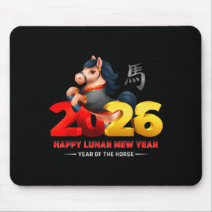Cute Year Of The Horse -black Fun Happy Lunar New  Mouse Pad