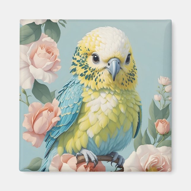 Cute Yellow And Blue Baby Budgie Parakeet Bird Magnet (Front)