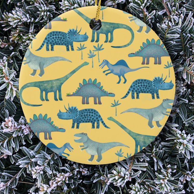 Cute Yellow and Blue Dinosaurs Ceramic Tree Decoration (Fun blue dinosaurs Christmas ornament)