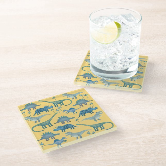 Cute Yellow and Blue Dinosaurs Glass Coaster (Angled)