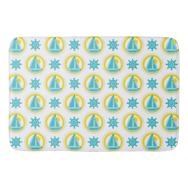 Cute Yellow and Blue Nautical Pattern Bath Mat (Front)