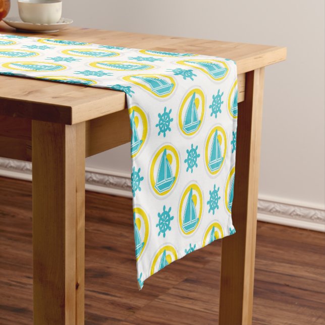 Cute Yellow and Blue Nautical Pattern Short Table Runner (In Situ)