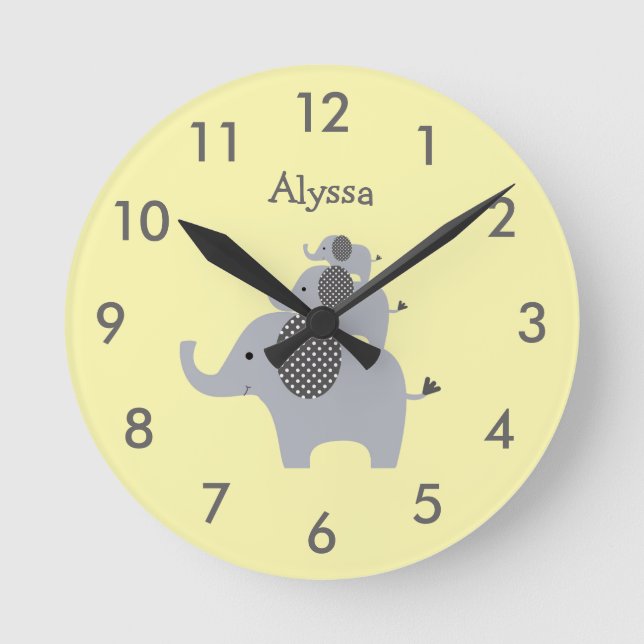 Cute Yellow and Grey Elephant Custom Nursery Round Clock (Front)