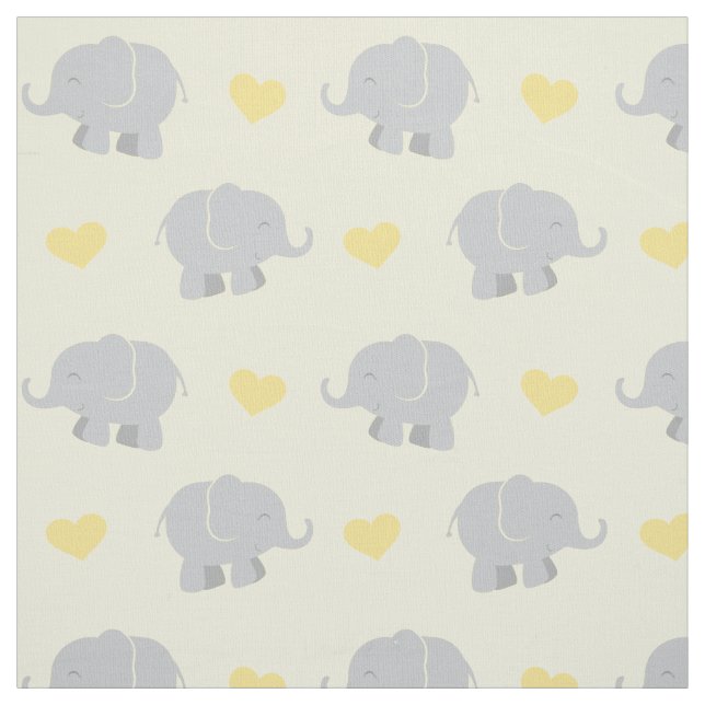 Cute Yellow and Grey Elephants and Hearts Pattern Fabric (Swatch)