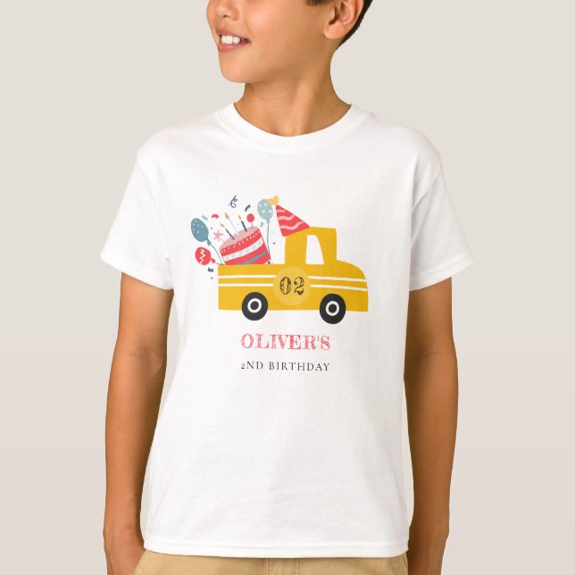 Cute Yellow Any Age Birthday Party Cake Truck T-Shirt (Front)
