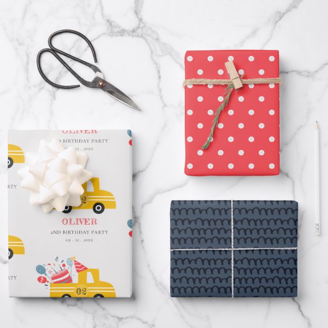 Cute Yellow Any Age Birthday Party Cake Truck Wrapping Paper Sheet (Front)