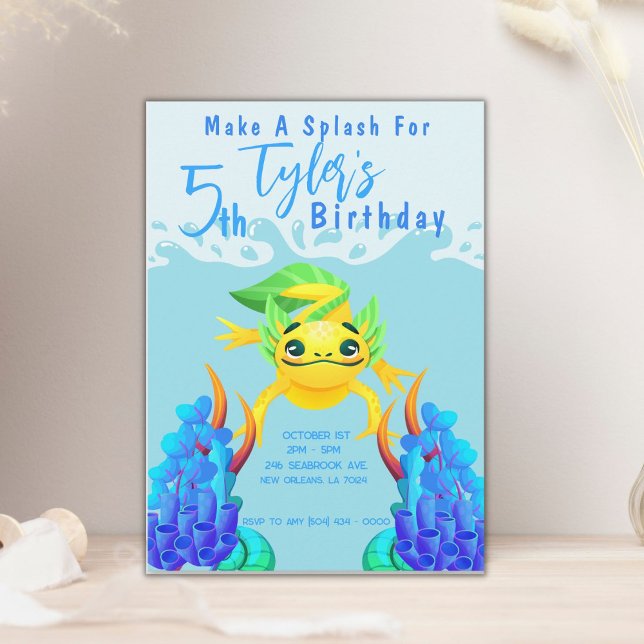 Cute Yellow Axolotl Boy Underwater Birthday Party Invitation (Creator Uploaded)