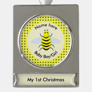 Cute Yellow Baby Bee Neutral First Christmas Silver Plated Banner Ornament