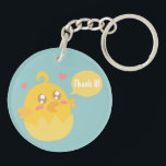 Cute Yellow Baby Chick in Egg Shell Key Ring<br><div class="desc">Adorable cartoon of a yellow baby chick with sparkling eyes in an egg shell. Background can be changed to your colour of choice using the background option. The young bird has two hearts around it and a speech bubble which you can customise to your own word. For example, you can...</div>