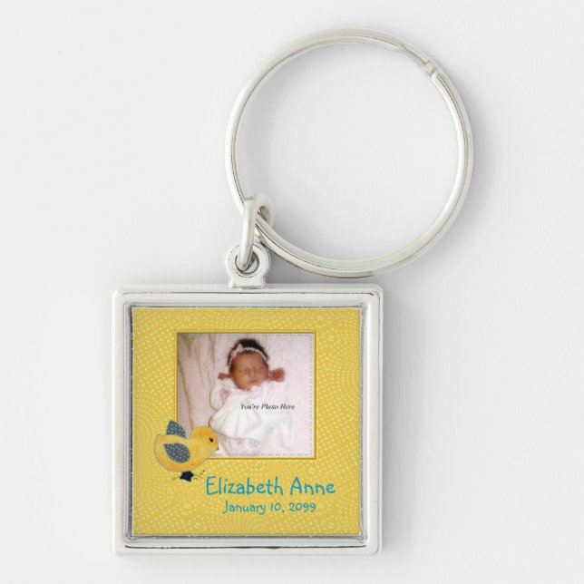 Cute Yellow Baby Chick Photo Birth Announcement Key Ring (Front)