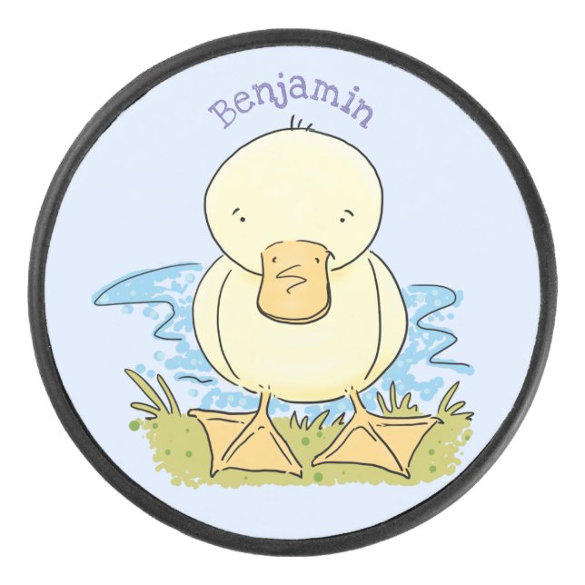 Cute yellow baby duckling cartoon illustration hockey puck (Front)