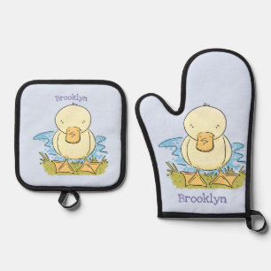 Cute yellow baby duckling cartoon illustration oven mitt & pot holder set