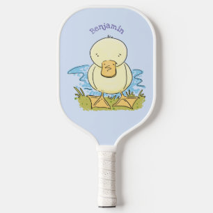 Cute yellow baby duckling cartoon illustration pickleball paddle