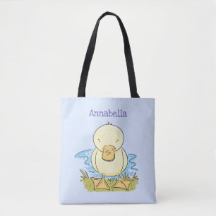 Cute yellow baby duckling cartoon illustration tote bag