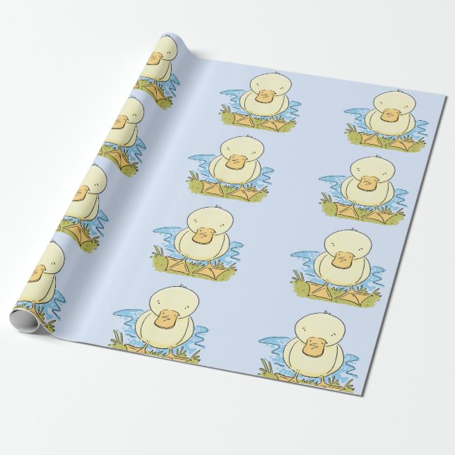 Cute yellow baby duckling cartoon illustration wrapping paper (Unrolled)