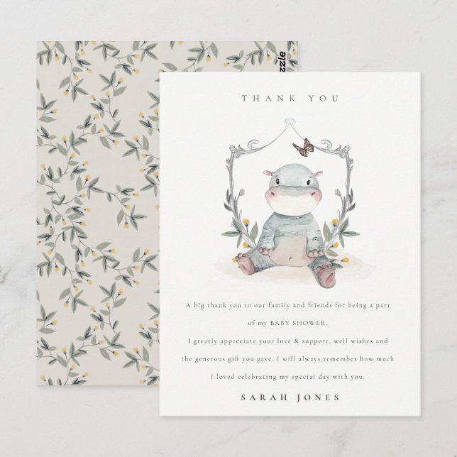 Cute Yellow Baby Hippo Fauna Baby Shower Thank You Postcard (Front/Back)