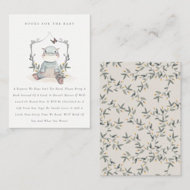 Cute Yellow Baby Hippo Fauna Books For Baby Shower Enclosure Card (Front/Back)