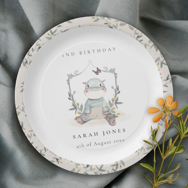 Cute Yellow Baby Hippo Foliage Any Age Birthday Paper Plate (Creator Uploaded)