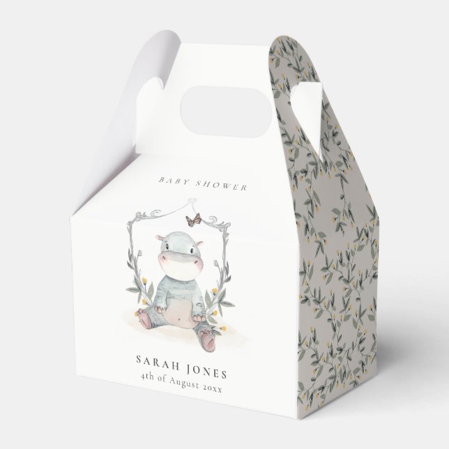 Cute Yellow Baby Hippo Foliage Balloon Baby Shower Favour Box (Front Side)