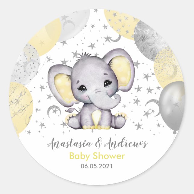 Cute Yellow Baby Shower Elephant Balloons Classic Round Sticker (Front)