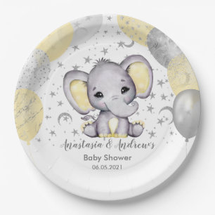 Cute Yellow Baby Shower Elephant Balloons Paper Pl Paper Plate