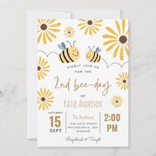 Cute Yellow Bee and Sunflower 2nd Bee-day Invitation