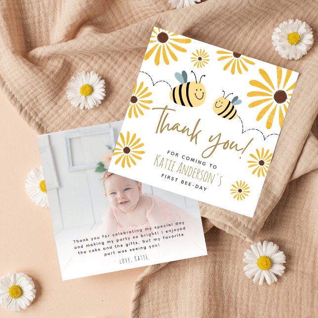 Cute Yellow Bee and Sunflower First Bee-day Photo Thank You Card (Creator Uploaded)