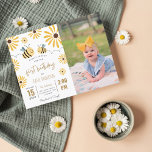 Cute Yellow Bee and Sunflower First Birthday Photo Invitation Postcard<br><div class="desc">Cute Yellow Bee and Sunflower First Birthday Photo Invitation Postcard</div>